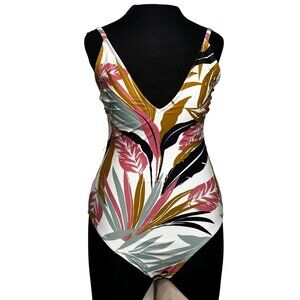 Tropical Leaf Print One-Piece Swimsuit By Kona Sol V-Neck Straps Size S